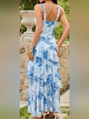 Blue Floral Tiered Maxi Dress with WIDE Spaghetti Straps